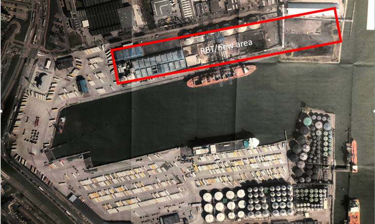 DFDS's Vlaardingen terminal; the new area for 650 trailers is shown within the red border © DFDS DFDS's Vlaardingen terminal; the new area for 650 trailers is shown within the red border © DFDS