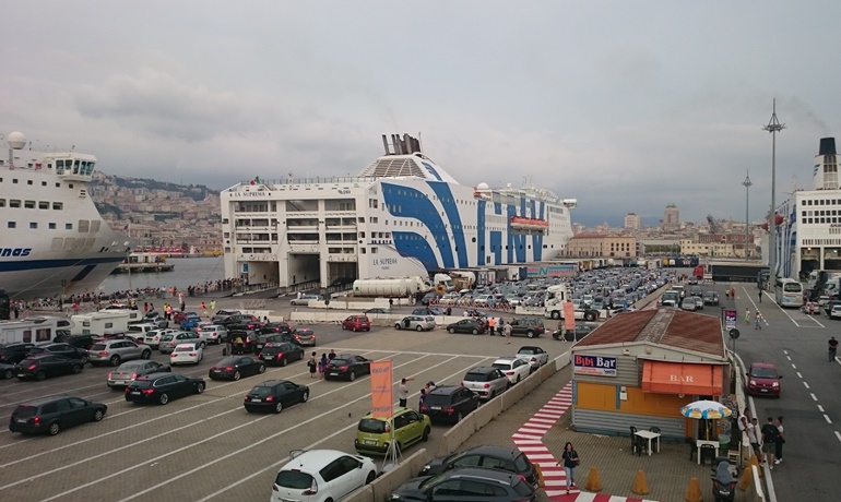 A busy port of Genova end of july with the ferry LA SUPREMA, which will hold next year's Ferry Shipping Conference