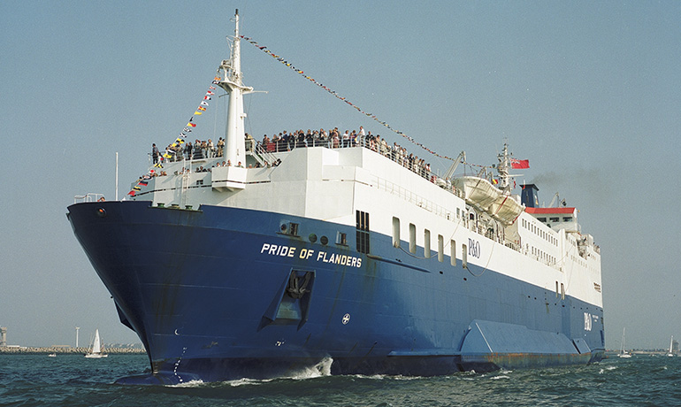 The photo shows the ship as PRIDE OF FLANDERS during Sail Zeebrugge in 1995. Photo: Mike Louagie