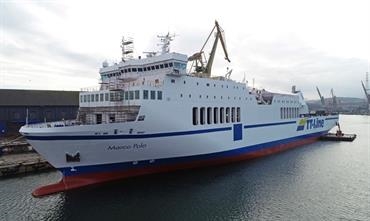 MARCO POLO, the former BARBARA KRAHULIK, seen during her final outfitting stage at Remontowa Shiprepair Yard. © Just Ferries