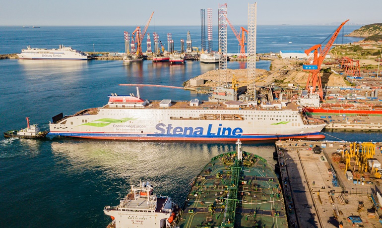 The yet unnamed yard number W0270 being pulled out of its building dock on 25 May. © CMI Jinling Weihai Shipyard