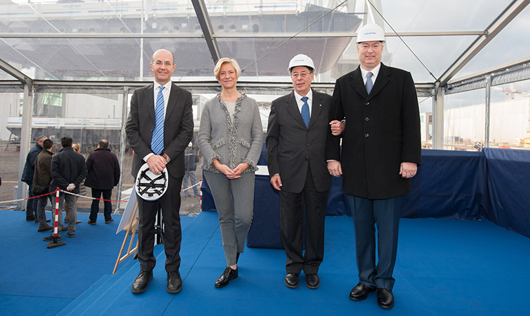 From the left: Alberto Maestrini (DG Fincantieri); Roberta Pinotti (Minister of Defence); Paolo Capobianco (MD Fincantieri Sestri Ponente); Stig Betten (Captain). Photo: Fincantieri From the left: Alberto Maestrini (DG Fincantieri); Roberta Pinotti (Minister of Defence); Paolo Capobianco (MD Fincantieri Sestri Ponente); Stig Betten (Captain). Photo: Fincantieri