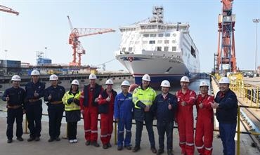Representatives of Stena RoRo's site team and AVIC Weihai Shipyard prior to the float-out © AVIC Ship
