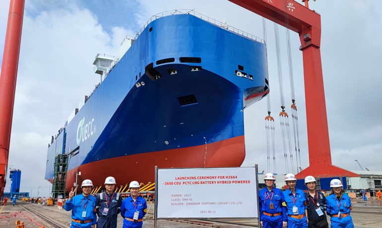 AUTO ACHIEVE, the second of UECC’s newbuild LNG battery PCTCs on the water after being launched this week at Jiangnan Shipyard. ©: UECC AUTO ACHIEVE, the second of UECC’s newbuild LNG battery PCTCs on the water after being launched this week at Jiangnan Shipyard. ©: UECC