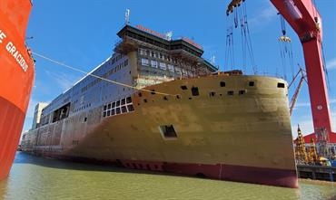 DFDS's second ro-pax under construction at GSI was floated out in the morning of Friday 13 November. © DFDS DFDS's second ro-pax under construction at GSI was floated out in the morning of Friday 13 November. © DFDS