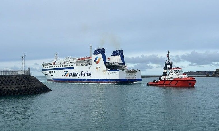 Brittany Ferries during berthing trials on 24 April 2024 with their 158-metre BARFLEUR at the St. Peter Port in Guernsey Brittany Ferries during berthing trials on 24 April 2024 with their 158-metre BARFLEUR at the St. Peter Port in Guernsey