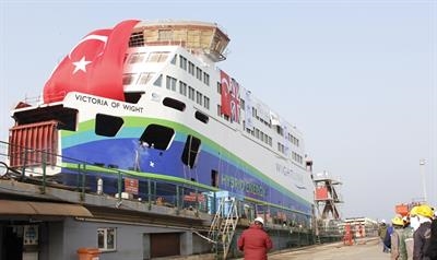 VICTORIA OF WIGHT ready to glide down the slipway of the Cemre Shipyard © Wightlink