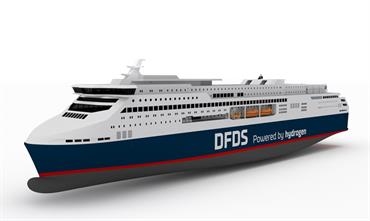 A preliminary artist’s impression of what could potentially become a large-scale hydrogen-powered ro-pax ferry for DFDS service. © DFDS