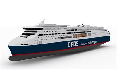 A preliminary artist’s impression of what could potentially become a large-scale hydrogen-powered ro-pax ferry for DFDS service. © DFDS