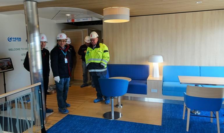 Sneak peek in the E-Flexer's mock-up with Bo Christensen, Stena RoRo's Site Manager, and shipyard management © Philippe Holthof Sneak peek in the E-Flexer's mock-up with Bo Christensen, Stena RoRo's Site Manager, and shipyard management © Philippe Holthof