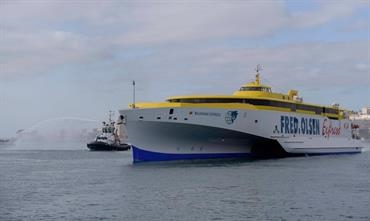 BAJAMAR EXPRESS being greeted upon its arrival in Las Palmas de Gran Canaria on 30 July. © Fred. Olsen Epress