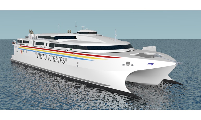 An impression of how Virtu Ferries 110m catamaran will look when delivered by Incat late in 2018. An impression of how Virtu Ferries 110m catamaran will look when delivered by Incat late in 2018.
