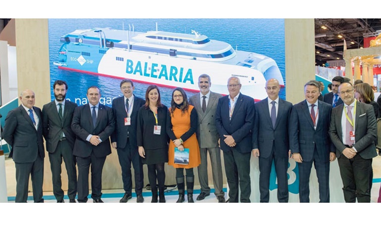 At the occasion of FITUR, Adolfo Utor (centre) revealed the name of the recently ordered high-speed catamaran © Baleària