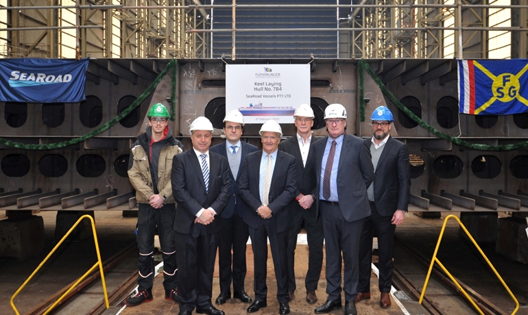 Dustin Lind, youngest apprentice at FSG, Patrick Guarino, COO SeaRoad, Philipp Maracke, CEO FSG-Nobiskrug Holding, Chas Kelly, CEO SeaRoad, Wolfgang Schüler, Head of Product D © FSG / Marianne Lins Dustin Lind, youngest apprentice at FSG, Patrick Guarino, COO SeaRoad, Philipp Maracke, CEO FSG-Nobiskrug Holding, Chas Kelly, CEO SeaRoad, Wolfgang Schüler, Head of Product D © FSG / Marianne Lins