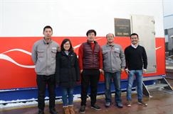 Standing in front of the Viking Line mock-up with (left to right) Helen Zhao, Terry Tong and Bruce Xu © Philippe Holthof Standing in front of the Viking Line mock-up with (left to right) Helen Zhao, Terry Tong and Bruce Xu © Philippe Holthof