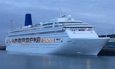ORIANA in Southampton without any P&O Cruises branding and her new name on the bow © Mike Hood