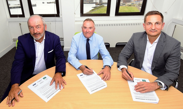 (L-R) Christophe Mathieu, Chief Executive of Brittany Ferries, Councillor Tudor Evans, Leader of Plymouth City Council, and Henrik Pedersen, Chief Executive of Associated British Ports (ABP)