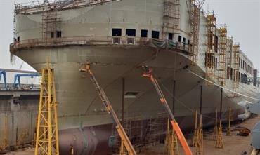 The lead-ship in the 6,700-lanemetre series - yard number 408 - taking shape at Jinling © DFDS