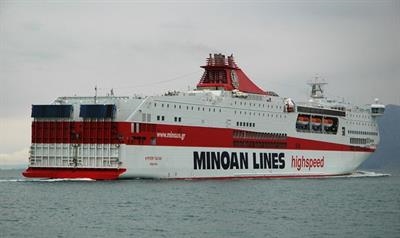 MYKONOS PALACE was built as Minoan Lines' EUROPA PALACE for Adriatic service and, as her latest name suggests, is expected to serve the Cyclades. © Philippe Holthof