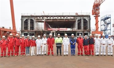Keel laying of W0270 - the first lengthened version for Stena Line service. © CMI Jinling Weihai Shipyard Keel laying of W0270 - the first lengthened version for Stena Line service. © CMI Jinling Weihai Shipyard