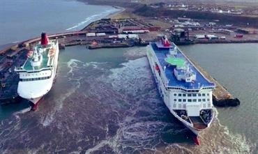 STENA ESTRID left Rosslare for Cherbourg for the first time in the late evening of 2 February. The Dunkerque-Rosslare ro-pax VISBY is sitting in the adjacent berth. ©  Rosslare Europort