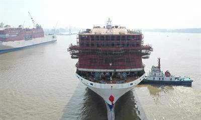 TT-Line's second dual fuel ro-pax joins sister ship NILS HOLGERSSON alongside the outfitting quay. © TT-Line