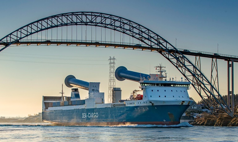 Norsepower rotor sail seen here on Sea-Cargo's SC CONNECTOR which also includes a tilting system developed by North Sea Handling © Sea-Cargo