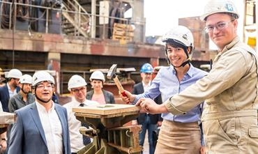 Fleur Le Derff, one of HONFLEUR's first mates, together with Michel Bollmann, FSG's Head of Building Hall – in the background left Brice Robinson, Brittany Ferries' Project Manager © Brittany Ferries