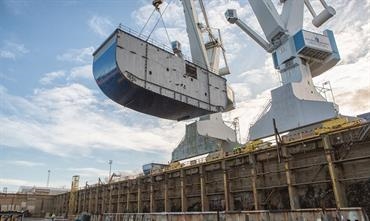 The first block of AURORA BOTNIA seen being lowered in RMC's building dock on 13 February. © Wasaline