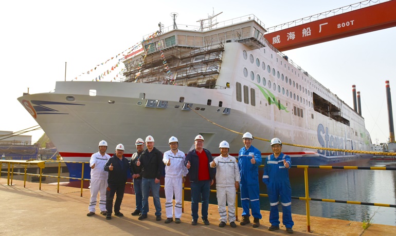 Floating of the seventh E-Flexer was planned for Monday 24 May (regarded as the official launching date by the builders) but due to high winds it had to be performed one day earlier. © CMI Jinling Weihai Shipyard Floating of the seventh E-Flexer was planned for Monday 24 May (regarded as the official launching date by the builders) but due to high winds it had to be performed one day earlier. © CMI Jinling Weihai Shipyard