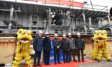 Keel laying of Stena Line's first E-Flexer with four lucky coins (GBP, EUR, SEK and RMB) being placed under the first keel block © Stena Line Keel laying of Stena Line's first E-Flexer with four lucky coins (GBP, EUR, SEK and RMB) being placed under the first keel block © Stena Line