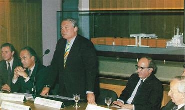 Sherwood addressing the press conference following the announcement that Sealink UK Ltd. had been sold to British Ferries Ltd., a Sea containers Ltd. subsidiary. The year was 1984. © Sea Containers - Philippe Holthof collection