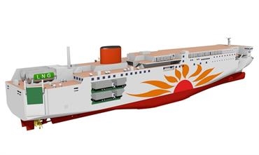 Ferry Sunflower's 17,300grt dual fuel newbuilds will have a length of 199.9m and 28.0m beam. © Mitsui O.S.K. Lines Ferry Sunflower's 17,300grt dual fuel newbuilds will have a length of 199.9m and 28.0m beam. © Mitsui O.S.K. Lines