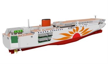 Ferry Sunflower's 17,300grt dual fuel newbuilds will have a length of 199.9m and 28.0m beam. © Mitsui O.S.K. Lines 