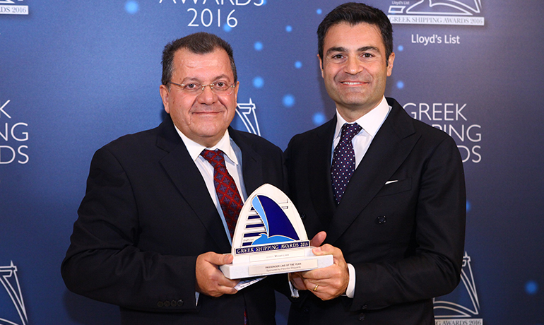 Antonis Maniadakis (left) Minoan Lines md, accepting the Passenger Line of the Year Award from Raffaele Palumbo of sponsor Palumbo Group. Photo: David Glass Antonis Maniadakis (left) Minoan Lines md, accepting the Passenger Line of the Year Award from Raffaele Palumbo of sponsor Palumbo Group. Photo: David Glass