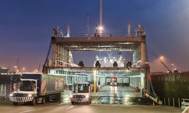 MAXINE seen being loaded last night for her first commercial sailing from Calais to Sheerness. © Port Boulogne Calais