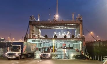 MAXINE seen being loaded last night for her first commercial sailing from Calais to Sheerness. © Port Boulogne Calais MAXINE seen being loaded last night for her first commercial sailing from Calais to Sheerness. © Port Boulogne Calais