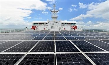 Supplied by Wuhan University, 350m² of solar panels are installed above the accommodation. © Jinling Shipyard