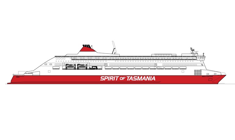 New rendering of Spirit of Tasmania's LNG-powered, 48,000gt fast conventional ro-pax ferries to be built by Rauma Marine Constructions (RMC). © RMC