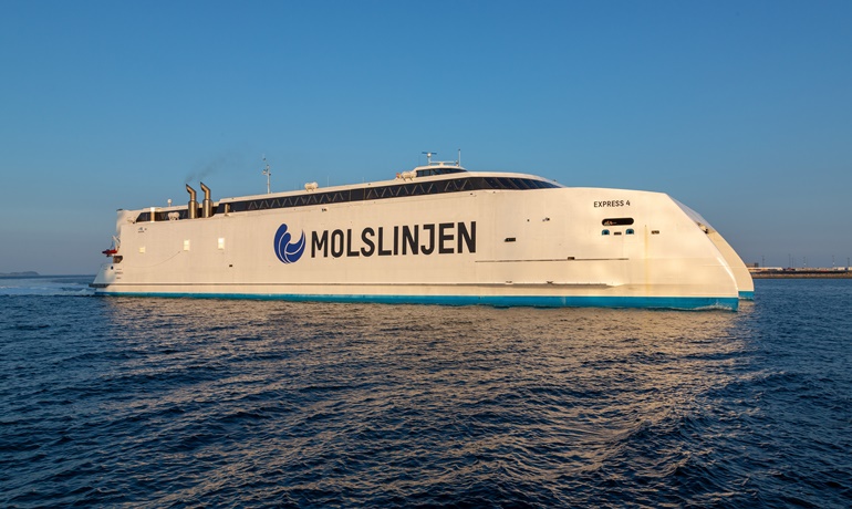 The 2019-built EXPRESS 4 is Moslinjen's most recent addition to the fleet. In October last year, Molslinjen ordered an Austal 115m ro-pax catamaran for its Bornholmslinjen division. © Marko Stampehl