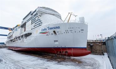 COSTA TOSCANA shares the same dimensions as the other members of the Helios/Excellence Class built by Meyer Werft and Meyer Turku, respectively. © Costa Cruises