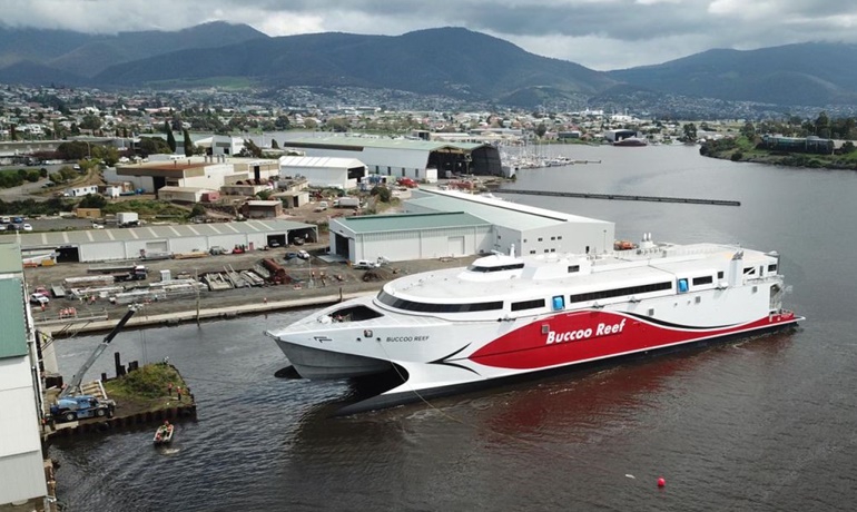 Photo caption: BUCCOO REEF, seen here during its launch in October last year. © Incat Tasmania Photo caption: BUCCOO REEF, seen here during its launch in October last year. © Incat Tasmania