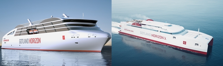 The hydrogen ready Gotland Horizon projects. Gotland Horizon: Ro-pax, top speed 28 knots, 1,900 passengers + 600 cars. Gotland Horizon X design: Catamaran, top speed up to 35 knots, 1,550 passengers + 400 cars The hydrogen ready Gotland Horizon projects. Gotland Horizon: Ro-pax, top speed 28 knots, 1,900 passengers + 600 cars. Gotland Horizon X design: Catamaran, top speed up to 35 knots, 1,550 passengers + 400 cars