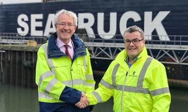 Peter Conway, Warrenpoint Harbour Authority's Chief Executive (on the left) and Alistair Eagles, CEO of Seatruck Ferries © Seatruck Ferries Peter Conway, Warrenpoint Harbour Authority's Chief Executive (on the left) and Alistair Eagles, CEO of Seatruck Ferries © Seatruck Ferries