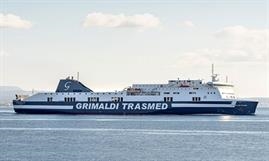 Trasmed has invested more than EUR 1.2 million in the adaptation of the ships to the OPS (Onshore Power Supply) system. In the image, CIUDAD DE PALMA, which is already connected in the Port of Barcelona. © Grimaldi Trasmed