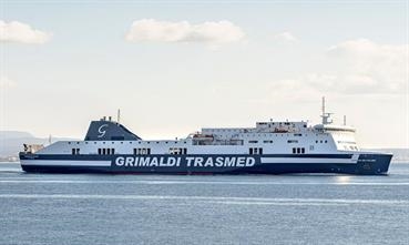 Trasmed has invested more than EUR 1.2 million in the adaptation of the ships to the OPS (Onshore Power Supply) system. In the image, CIUDAD DE PALMA, which is already connected in the Port of Barcelona. © Grimaldi Trasmed