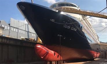 SILVER CLOUD no longer has a white hull following her major conversion into an expedition cruise ship © Palumbo Malta Shipyard