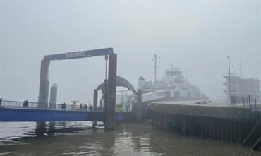 A misty 1 March: the first day of Elbferry with GREENFERRY I at the linkspan in Cuxhaven. © Christian Costa