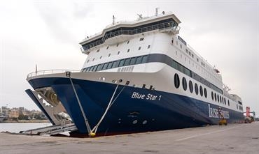 BLUE STAR 1 has Irish Ferries lettering painted on the portside. © George Giannakis BLUE STAR 1 has Irish Ferries lettering painted on the portside. © George Giannakis