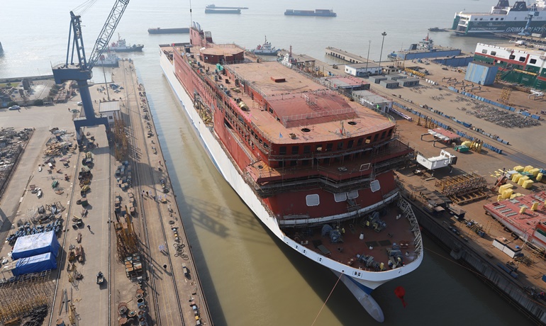 TT-Line's yet unnamed 'green' ro-pax was floated out on 10 November. © Jinling Shipyard TT-Line's yet unnamed 'green' ro-pax was floated out on 10 November. © Jinling Shipyard